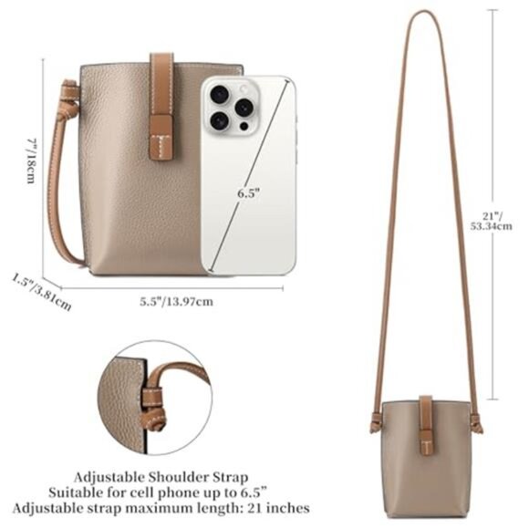 Pink & Brown Leather Small Crossbody Bags Phone Purse Minimalism Travel Bag - Picture 5 of 9